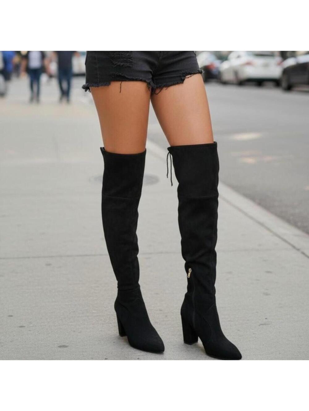 Black Over-the-Knee Suede Boots with Block Heel SIZE 8